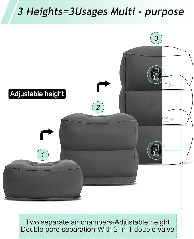 JefDiee Inflatable Foot Rest Pillow, Kids Airplane Bed, Adjustable 3 Layers Height Leg Rest Pillow, Airplane Travel Essentials Great for Airplane, Office, Home, Trains, Cars