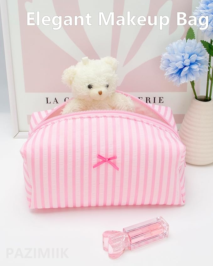 2PCS Cozy Makeup Bag Small Aesthetic Travel Zipper Cosmetic Pouch for Women Make Up Beauty Accessories Brushes, Stripe Cute Pink