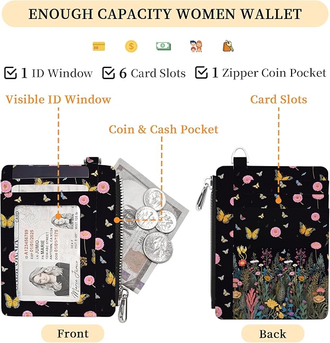 Hancynir Slim Wallet Women Credit Card Holder Butterfly Flowers Night RFID Small Mini Card Case Front Pocket PU Leather Thin Travel Zipper Coin Cash ID Window Girls Wallet Gifts