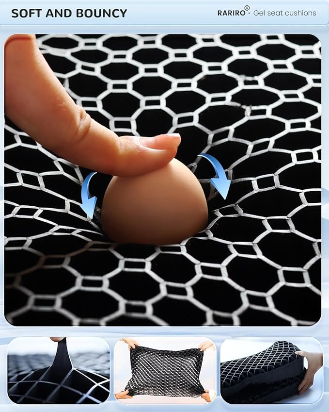 Enlarged 19.7" Gel Seat Cushion, Egg Gel Chair Pads for Wheelchair Pressure Coccyx Sciatica Pain Relief, Cooling Desk Seat Cushion for Kayak, Car, Office Chair Long Sitting[Black]