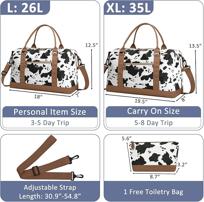 Travel Duffle Bag for Women, Weekender Bags, Hospital Bag for Labor Delivery, Lightweight Tote Duffel Overnight Bag with Luggage Sleeve, Airplane Travel Bags with Toiletry Bag, Large, Cow