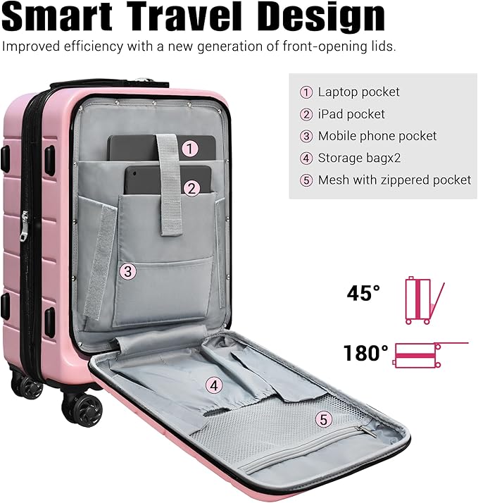 SmileLine 3-Piece Luggage Set Lightweight Hardside Suitcase TSA Lock Spinner Wheels, 20" Expandable Carry-On Luggage with Quick Access Front Open Pocket, Bonus Makeup Bag, Pink