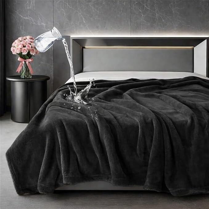 Waterproof Blanket and Stain Proof, Queen Size 80'' x 60'' Double Side Leakproof Reversible Sherpa Flannel Fleece 3 Layer Lightweight Black Blanket, Absorbs 50oz