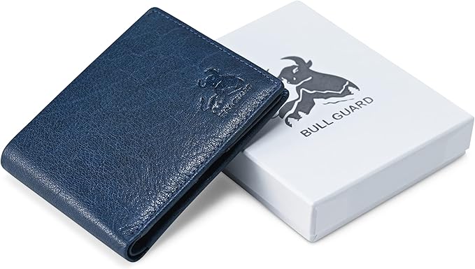 RFID Bifold Leather Wallet For Men with Flip Up ID Secure and Durable Extra Capacity Billfold with 11 Credit Cards in Vintage Buffalo Blue, Tight Stitching & Quick Thumb Push Access, Gift Boxed
