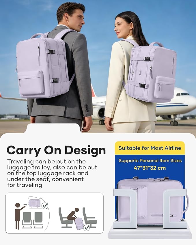 VECAVE Vacuum Backpack Travel with Pump, Expandable Personal Item Carry on Backpacks for Women Men, Laptop Waterproof Work Compression bags with USB Casual Daypack Purple