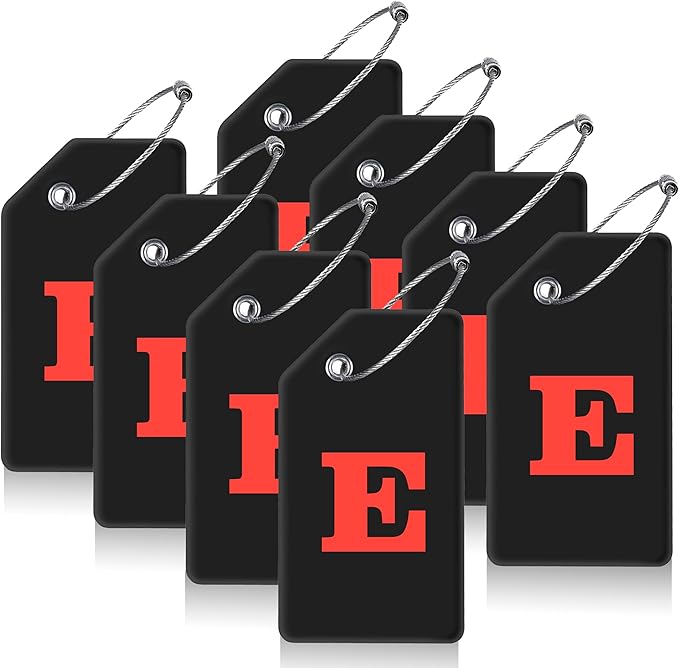 Gostwo 8 Pack Luggage Tags for Suitcases, 26 Initial Letter Travel Luggage Baggage Identification Labels ID Tags Fully Bendable Tags with Stainless Steel Loop (Letter E, Black)