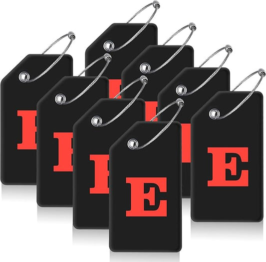 Gostwo 8 Pack Luggage Tags for Suitcases, 26 Initial Letter Travel Luggage Baggage Identification Labels ID Tags Fully Bendable Tags with Stainless Steel Loop (Letter E, Black)