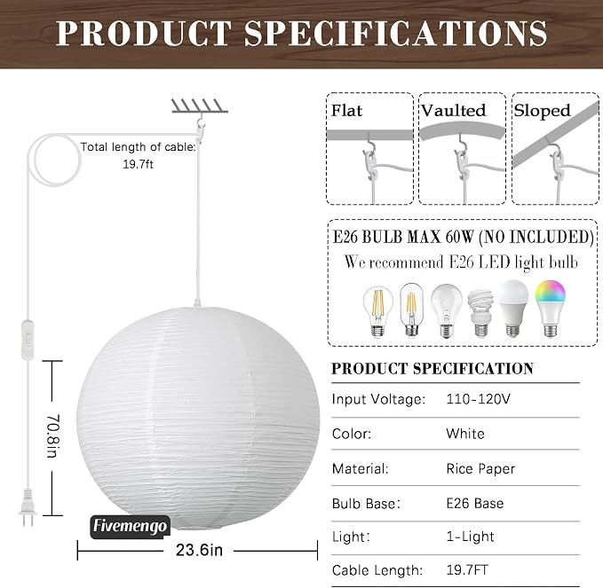 23.6in Paper Lanterns Plug in Hanging Lamp White, 19.7FT Cord | Rice Paper Lamp Lantern Pendant Light Large Globe Japanese Japandi Wabi Sabi Chandelier for Dining Living Room Bedroom 1 Pack