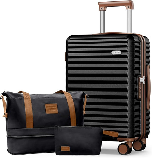 SHOWKOO Suitcase Hardside Expandable Luggage Set, Suitcase with Double Spinner Wheels TSA Lock 3 Piece Luggage Set Black (DB/TB/28in)