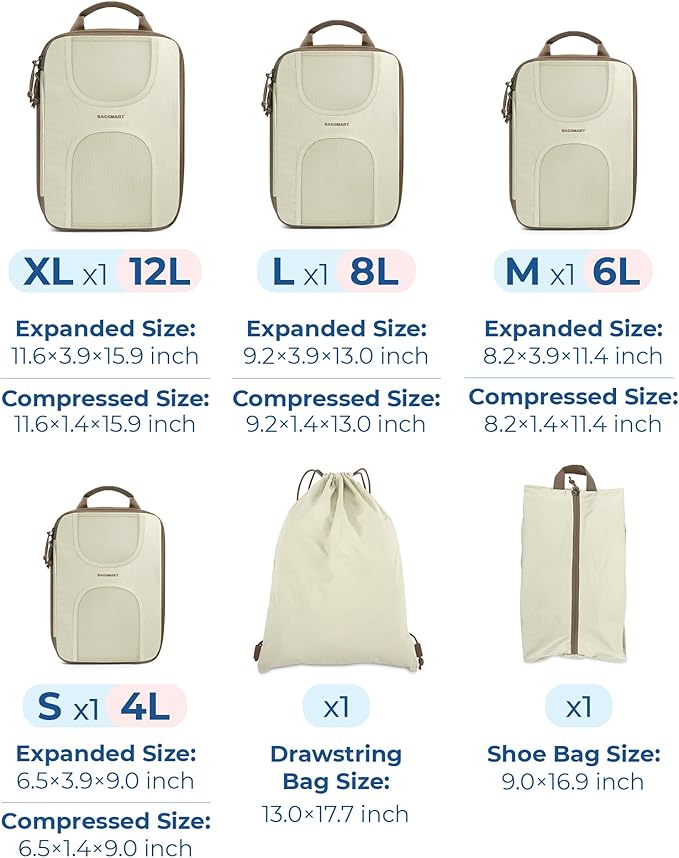 BAGSMART Compression Packing Cubes, 6 Set Packing Cubes for Suitcases, Lightweight Suitcases Organizers Bag Set & Compression Travel Cubes, Travel Essentials Packing Organizers