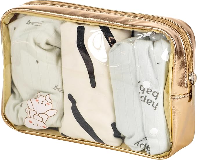 TSA Approved 5-Piece Diaper Bag Organizer Pouch Set Clear Waterproof TPU Kids Toiletry Storage Set Travel Packing Clutch Cube Bags for Baby Nursing(Gold leather)