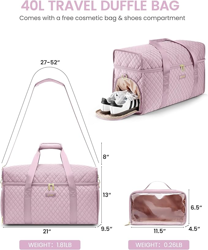 Weekender Travel Duffle Bag for Women: Overnight Bags with Shoe Compartment Carry on Bags for Airplanes with Toiletry Bag Weekend Yoga Gym Bag with Wet Pocket Pink