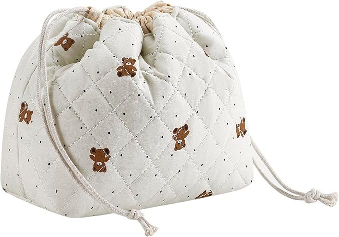 Cotton Quilted Drawstring Makeup Bag with Canvas Lining,Coquette Aesthetic Cute Travel Toiletry Bag,Drawstring Gift Bag for Women and Girls（15Dot Bear）