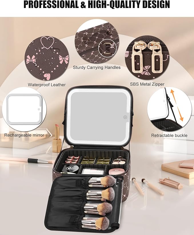 Relavel Travel Makeup Bag With LED Mirror, Portable Cosmetic Organizer Bag with Adjustable Brightness in 3 Color Scenarios, Small Train Case with Detachable Dividers for Trip- Brown Bowknot