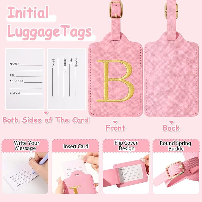 Initial Luggage Tags for Suitcases, Cute Embroidered Letter Luggage Bag Suitcase Identifier Name Baggage Tag, PU Leather Travel Luggage Tags, Bag Tags for Men Women Kids Luggage Handbags(Pink B)