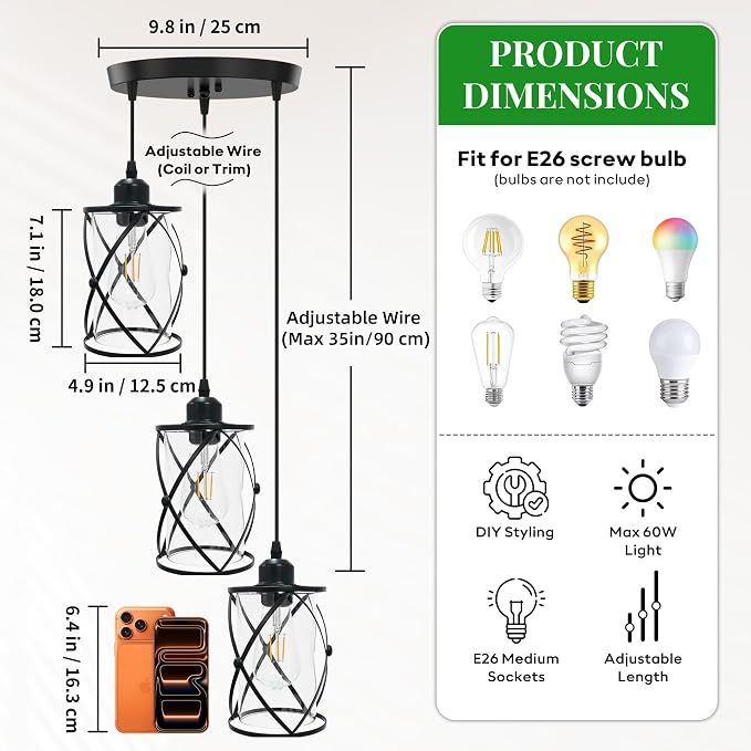 3 Light Pendant Lighting, Farmhouse Hanging Light Fixture for Kitchen Island & Dining Room, Industrial Vintage Ceiling Lamp with E26 Base, Adjustable Height, Matte Black with Glass Shades