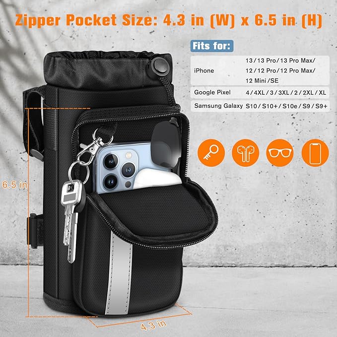 FINPAC Cup Holder for Bike, Universal Water Bottle Holder with Phone Pockets for Stroller Walker Golf Cart Rollator and Scooter, Outdoor, Biking - Black