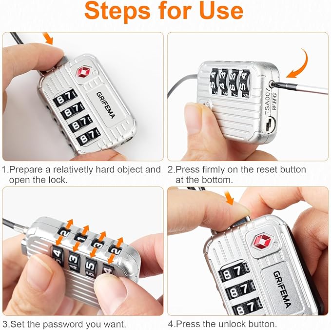 GRIFEMA GA1008W TSA Approved 4-Digit Combination Luggage Lock, Secure Travel Lock with Steel Cable for Suitcases, Backpacks, Gym Lockers - White
