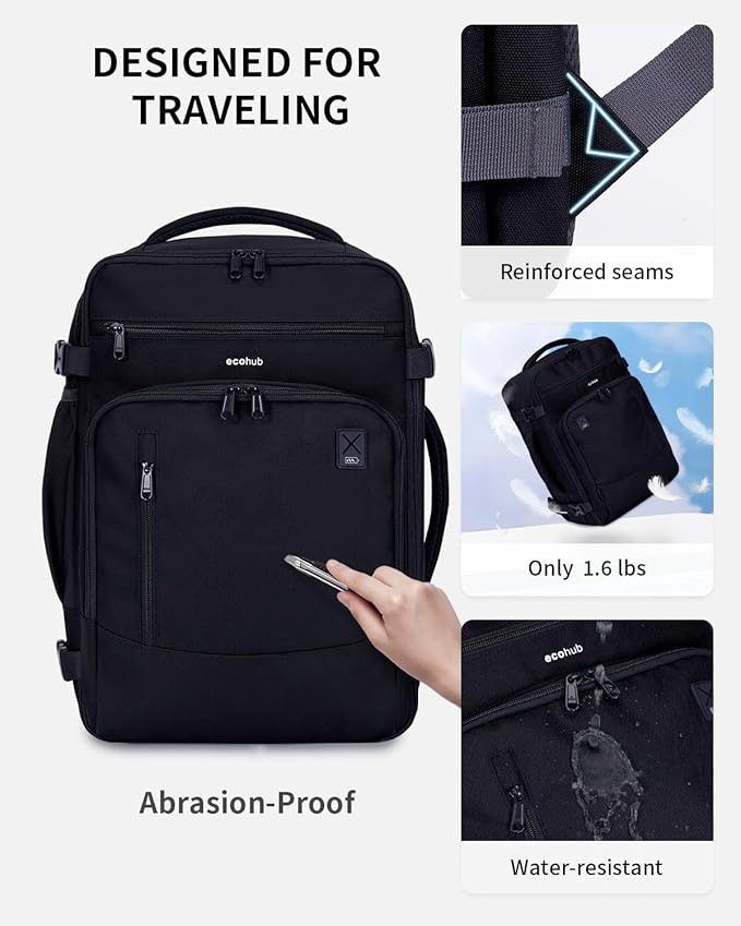 ECOHUB 17" Small Travel Backpack, United Airlines Personal Item Bag 17x10x9 with 16 Pockets, Water Resistant Rucksacks Fit 15.6" Laptop, AirTag Pocket, Lightweight Casual Daypack, 25L, Black