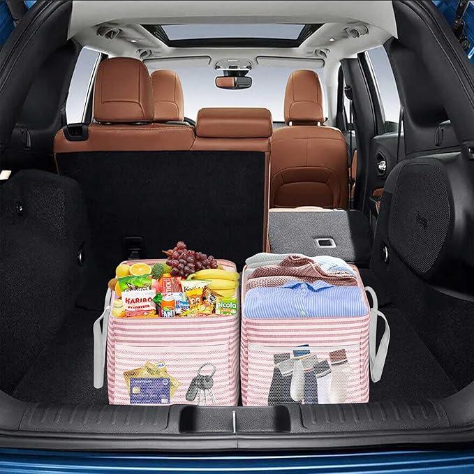 LHZK Standing Utility Tote Bag with Metal Wire Frame and the Sides Rinforced, Large Tote Bag with Handle, Reusable Grocery Bags Foldable, Beach Bag, Car Tote (Pink, 18.5''x11.8''x11.5'')