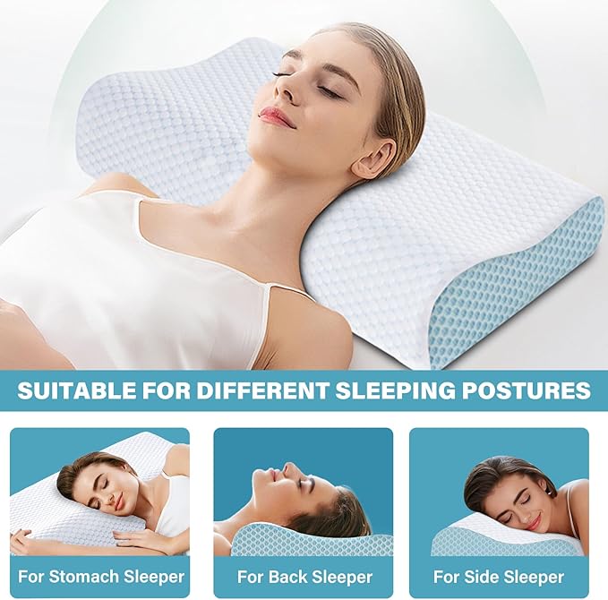 Memory Foam Pillows 2 Pack Neck Pillow - Neck Support Pillow for Pain Relief, Ergonomic Cervical Pillow for Sleeping, Orthopedic Contour Bed Pillow for Side, Back, Stomach Sleepers,Blue