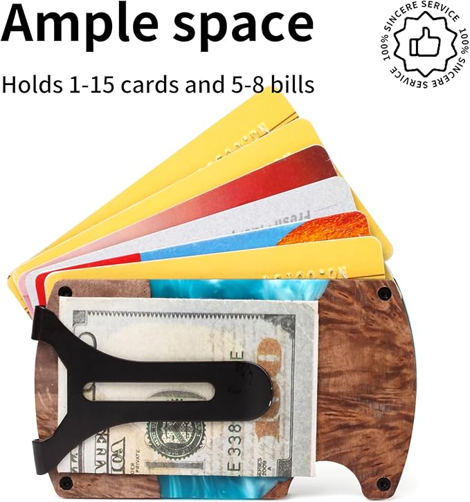Wallet for Men, Minimalist Slim RFID Blocking Resin Wood Credit Card Holder with Money Clip, Easily Removable Cash&Card Metal Wallet,Resin River,Natuarl Walnut Wood,Unique Pattern,Gift for Men