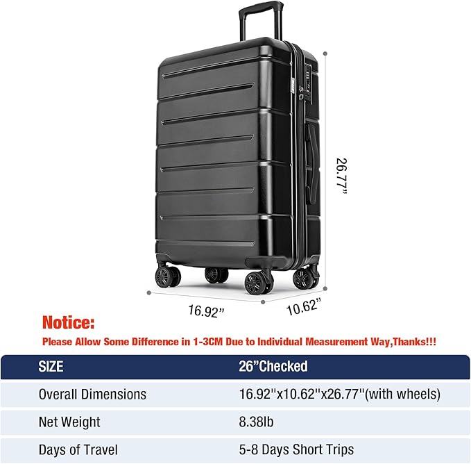 KYME 24 Inch Luggage TSA Approved Hardshell Suitcases with Spinner Wheels Durable PC+ABS Medium Checked Travel Luggage for Women Men