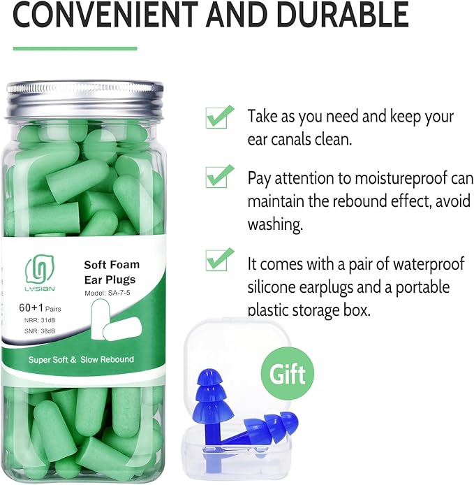 LYSIAN Ultra Soft Foam Earplugs for Sleep, 38dB SNR Noise Cancelling Ear Plugs for Sleeping, Shooting, Snoring, Work & All Loud Noise Reduction Ear Plugs Comfortable, Sound Proof - 60 Pairs