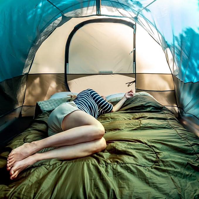 UNIKOME Waterproof Puffy Camping Blanket - Lightweight Packable Outdoor Quilt with Snaps & Corner Loops, Warm Compact Blanket for Cold Weather Hiking Picnic Stadium Travel, 75"×52", Army Green&Brown