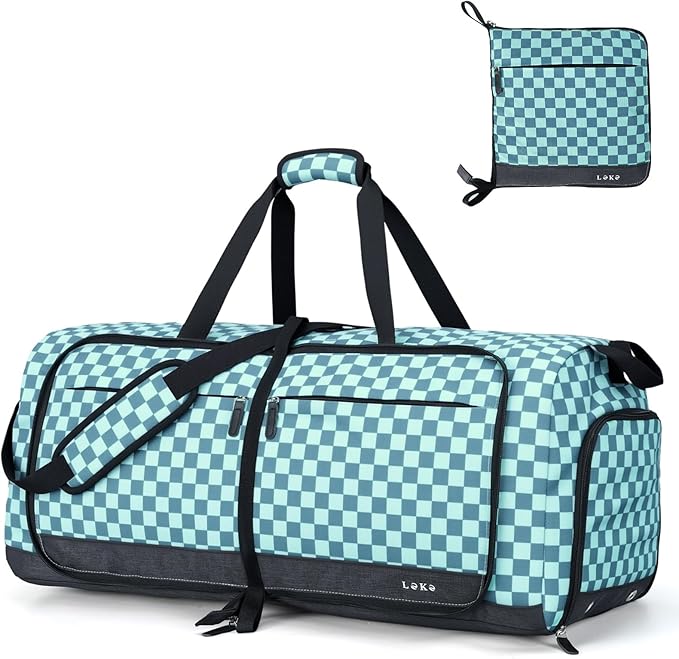 Lekesky Foldable Travel Duffle Bag for Women, Large Duffel Bag with Separate Shoes Compartments & Straps, Carry On Weekend Bag for Women, Hospital, Overnight (Green Gingham, 80L)