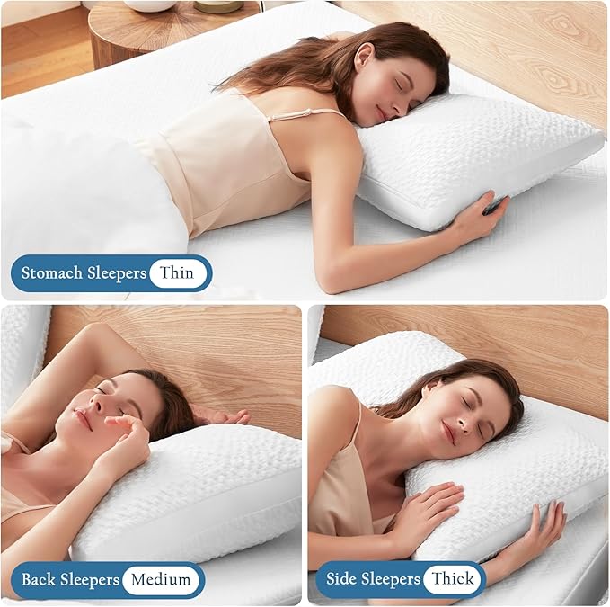 Side Sleeper Pillows for Adults, Adjustable Shredded Memory Foam Bed Pillows for Neck and Shoulder Pain, Standard White Cooling Curved Pillows with Washable Cover