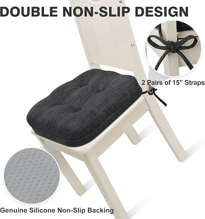 Shinnwa Dining Chair Cushions Set of 4, Dual-Layer Memory Foam Kitchen Chair Cushions, Patented Design Seat Pads with Ties, 16.5 x 16.5 x 3.5in, 4 Pack, Charcoal