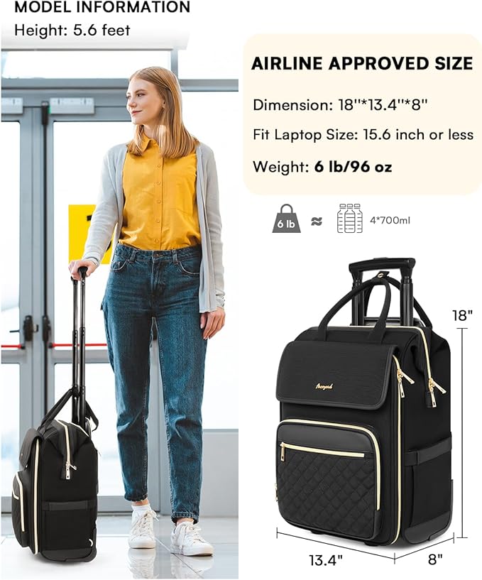 Rolling Backpack for Women, Travel Rolling Laptop Backpack with Wheels, Vertical & Horizontal Storage 2 In 1, Flip-Top Design, Water-Resistant Overnight College Underseat Carry on Luggage