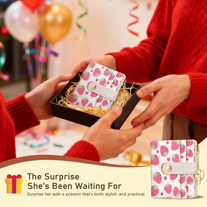 Jogjam Strawberry Rfid Girls Girly Teen Wallet, Small Slim Thin Compact Travel Credit Card Women Wallet, Cute PU Leather Bifold Cash Zipper Coin Pocket ID Window for Female Ladies Gifts