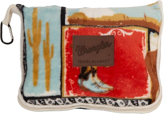 CARSTENS, INC. Wrangler Travel Blanket, Premium Compact 2-in-1 Airplane Blanket/Pillow, Vintage Western