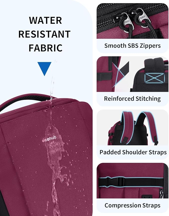 ECOHUB 40L Carry-On Travel Backpack, TSA-Friendly, Anti-Theft Water-Resistant Lightweight with 17.3″ Laptop Compartment, Durable PFAS-Free Rucksack, Red