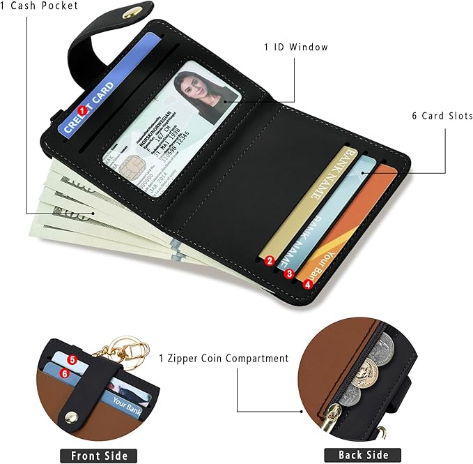 Airkit Small Wallets Woman RFID Blocking Leather Credit Card Holder - with ID Window - Card Wallets for Women - with Zipper Coin Purse - Keychain Wallet