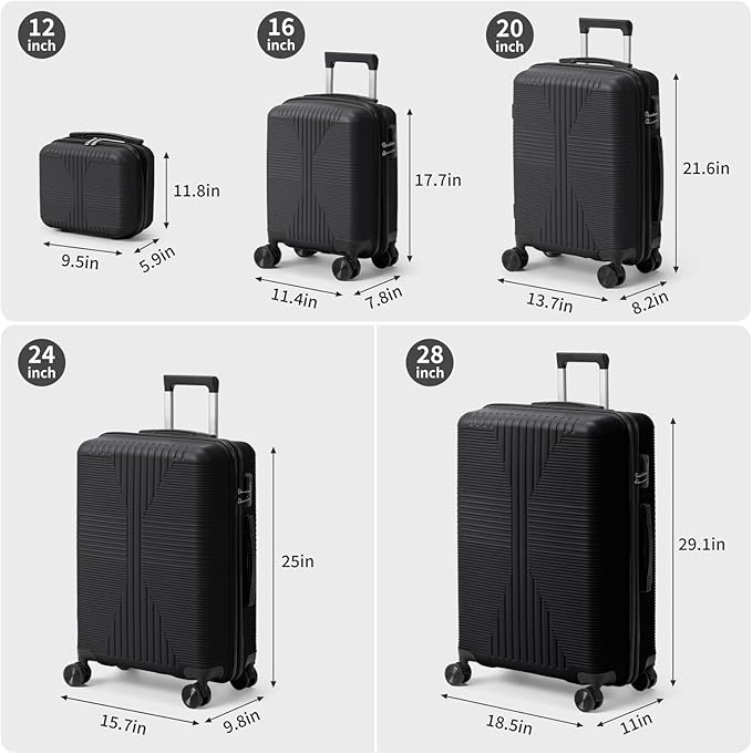 Karl home Luggage Sets 4 Piece, PP Hard Case Suitcase Set with Built-in Lock Spinner Wheels, Lightweight Durable Carry on Luggage for Business Travel - Black (16/20/24/28")