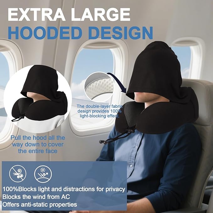 Travel Neck Pillow with 100% Light-Blocking Hood – Ergonomic Memory Foam Support Pillow for Airplane, Long Flights, Road Trips, Office and Car, Full Head and Neck Support with Skin-Friendly Cover