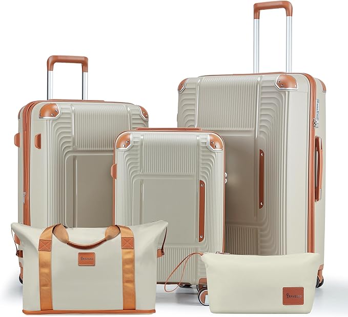 5 Piece Luggage Sets PP Hardshell with Duffel & Toiletry Bag, Carry-on Suitcase Set (20/24/28) with Detachable Spinner Wheels, YKK Zippers & Corner Guards, Lightweight TSA Lock (Light Khaki)