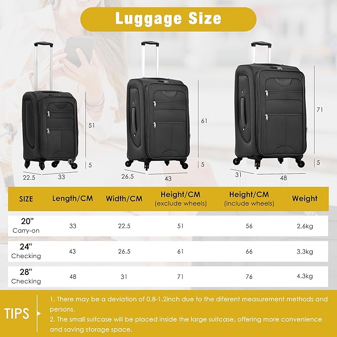 Softside Luggage 3-Piece Set with Duffel Bag, Lightweight Suitcases with Spinner Wheels, TSA Lock & Expandable for Travel, Business Trips, Durable Softshell Travel Luggage Set (Black)