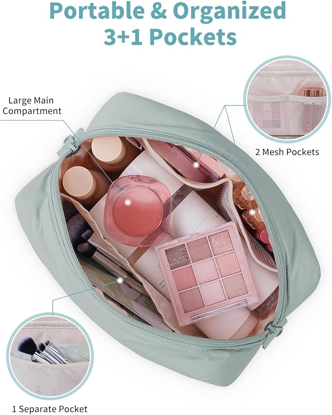 Narwey Puffer Travel Makeup Bag for Women Girl, Quilted Puffy Cosmetic Bag Make Up Bag Organizer, Cute Travel Toiletry Bag for Toiletries (Sage Green)