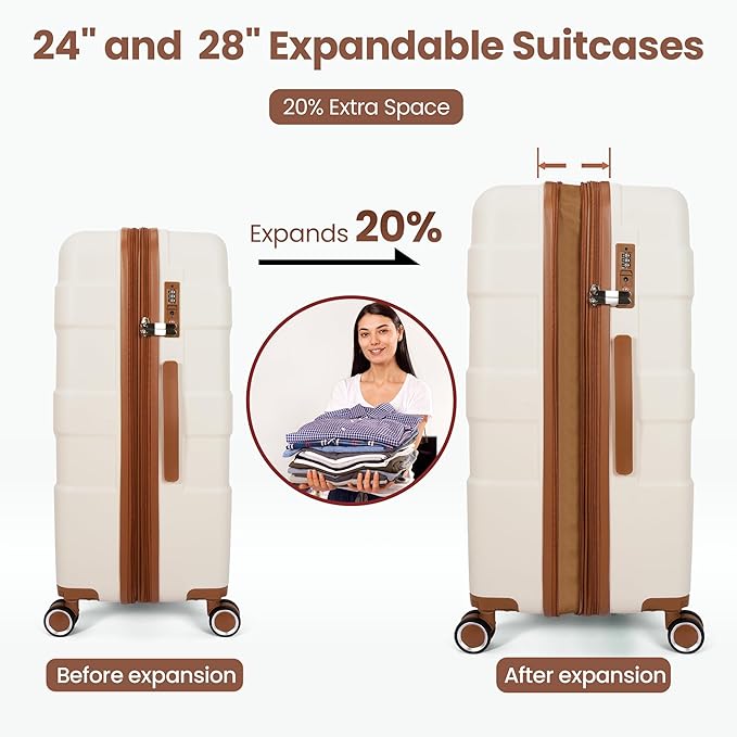 Luggage Sets 3 Piece with Spinner Wheel, Hardside Suitcase Set with TSA Lock, Expandable Lightweight Travel Luggage for Men and Women, White