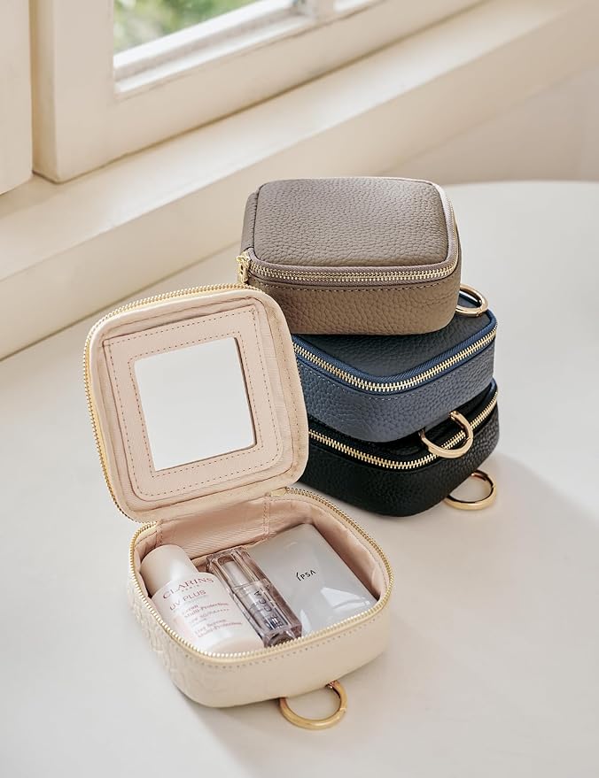 Clear Cosmetic Bag Double Layer Travel Toiletry Bag Clear Makeup Bag Case with 4 Compartments, Transparent Travel Bag for Toiletries, Large Toiletry Bag for Women Cosmetic Case (Taupe, Mini)