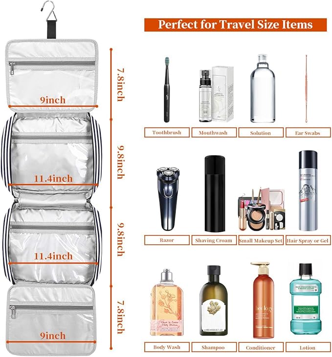 Bosidu Hanging Travel Toiletry Bag,Large Capacity Cosmetic Travel Toiletry Organizer for Women with 4 Compartments & 1 Sturdy Hook,Perfect for Travel/Daily Use/Christmas