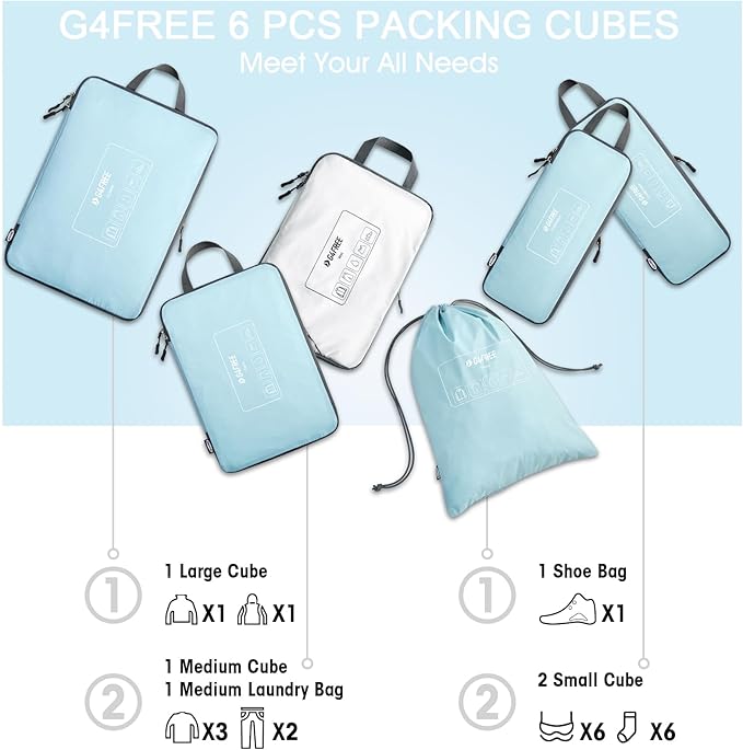 G4Free 6 Set Compression Packing Cubes, 3 sizes Travel Packing Organizers for Suitcases, Expandable Luggage Suitcase Storage Bags Set, Lightweight Packing Cubes Travel Essentials