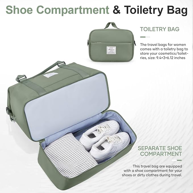 Overnight Weekender Bags for Women,Vacuum Travel Duffel Bag with Air Pump, Personal Item Travel Bag with Shoes Compartment & Compression Pocket,Olive Green
