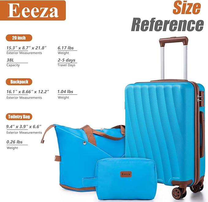 Carry on Luggage Sets 22x14x9 Airline Approved Durable Travel Luggage Suitcases with Wheels,ABS Hard Case Suitcases with Spinner Wheels,(SkyBlue,3 Piece Sets(20"/DB/TB))