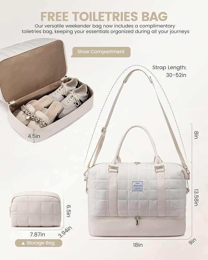 LOVEVOOK Large Duffle Bag for Travel, Puffer Weekend Bags for Women Travel Tote, Carry on Duffel Bag for Airplanes, 18 Inch Personal Item Bag Gym Bag Women, Beige