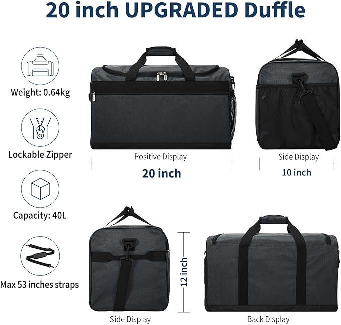 Gym Bag 20 inch Sport Duffle Bag for Men - 40L Weekender Duffel Bag for Travel - Dark Grey